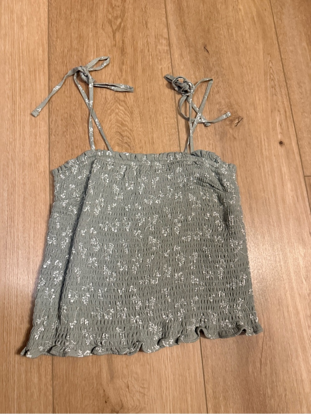 Abercrombie & Fitch Smocked Tie-Strap Tank Top in Sage Green
